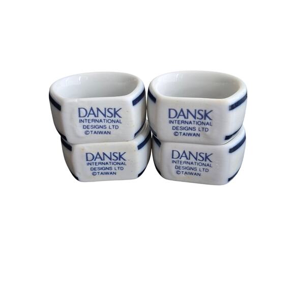 Vtg Dansk Bistro Napkin Rings Christianshavn Blue White Blue Set 4 Original Box - Picture 1 of 8
